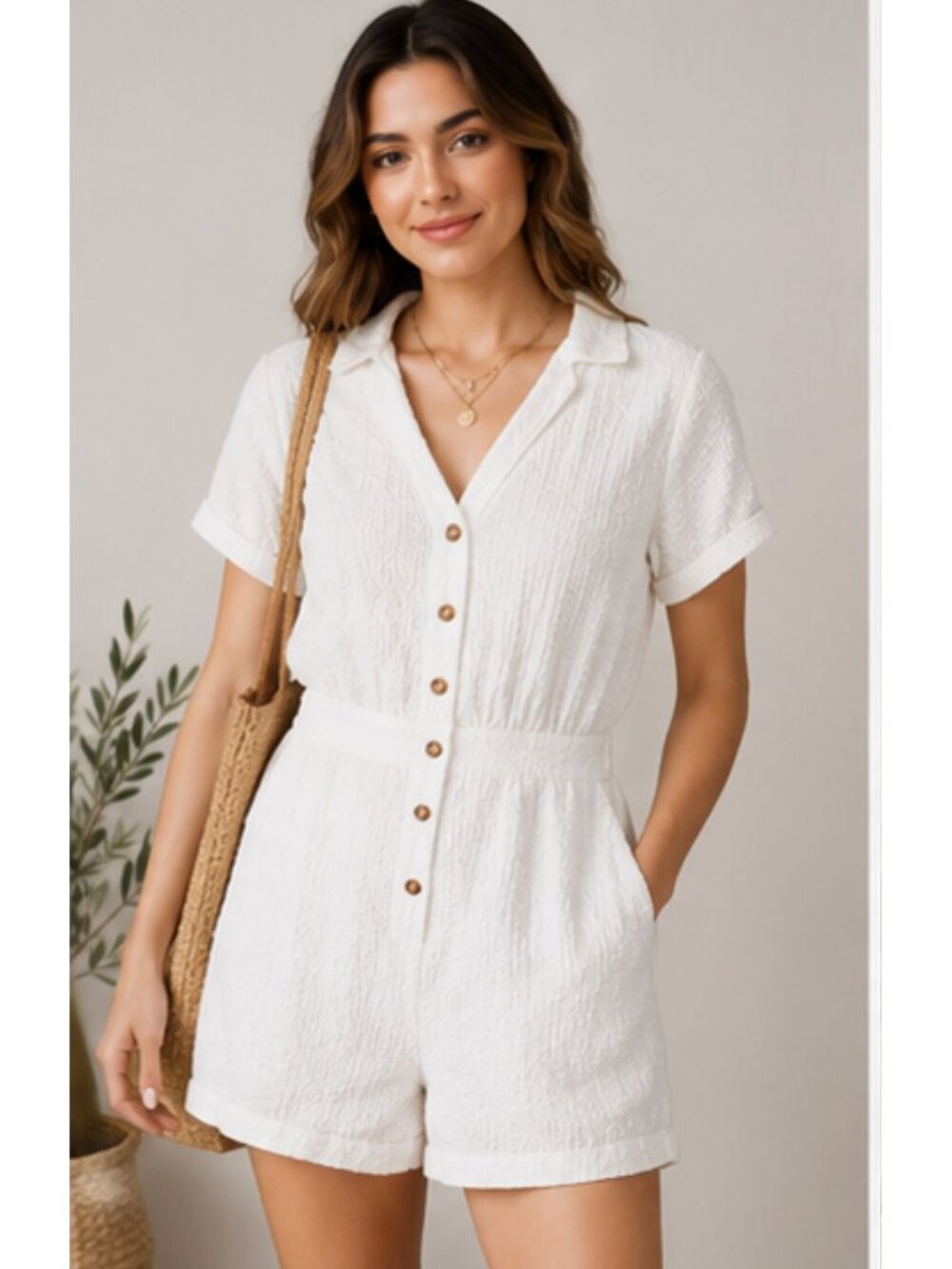 Rent The Runway léRumi Norah Romper White Linen Blend Button Front Medium